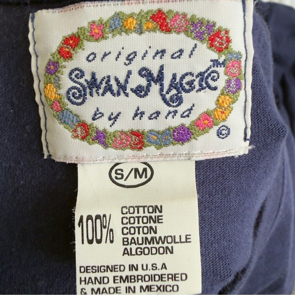 Vtg 90s Swan Magic Hand Embroidered Tropical Houses T-Shirt Dress Navy S/M - Picture 8 of 13